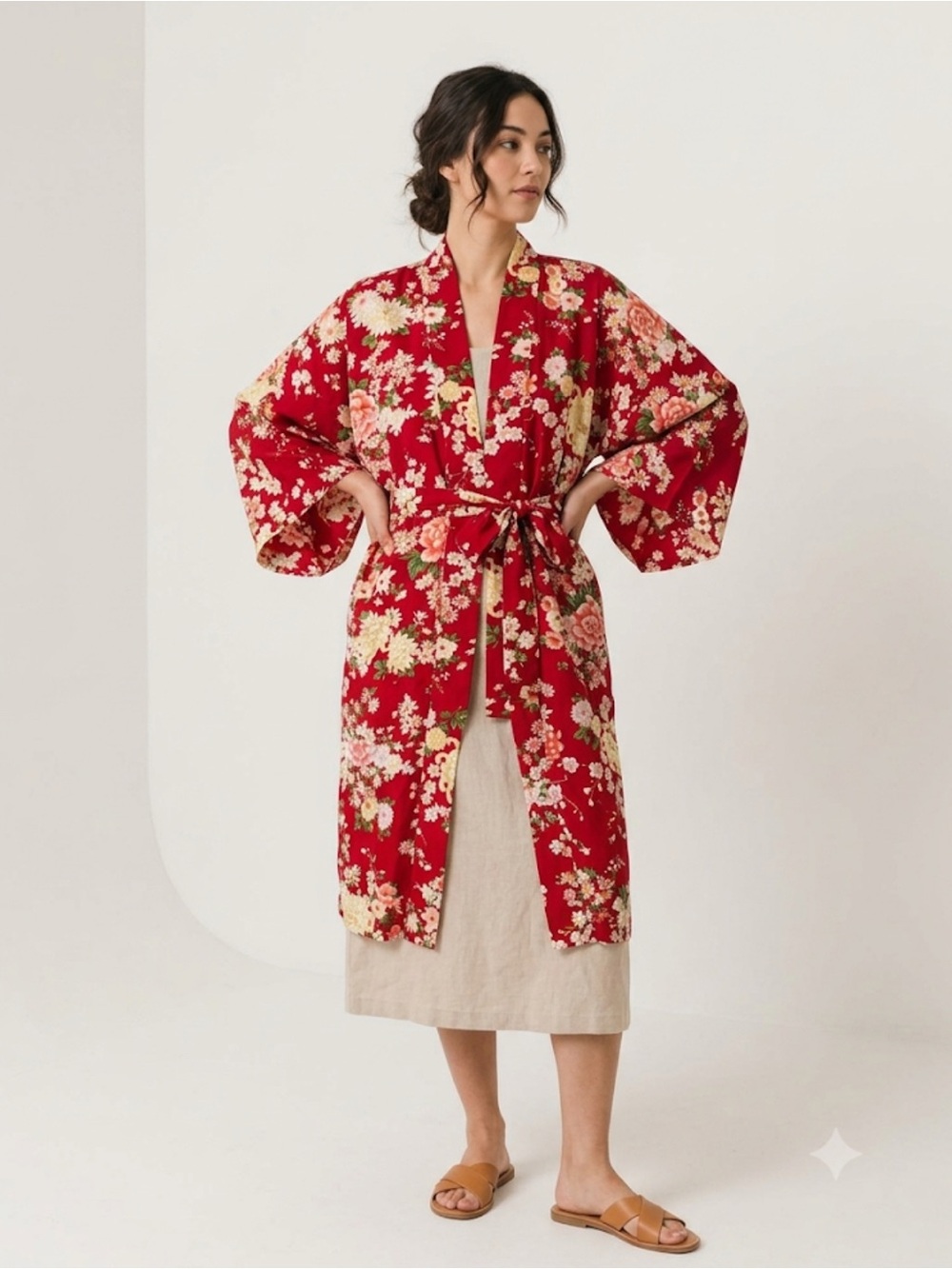 Vintage Japanese Floral Kimono Robe Red Peony Chrysanthemum Belted 34